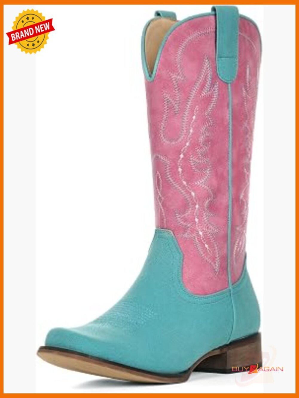 Square Toe Mid Calf Cowgirl Boots Embroidered Chunky Heel Western Boots